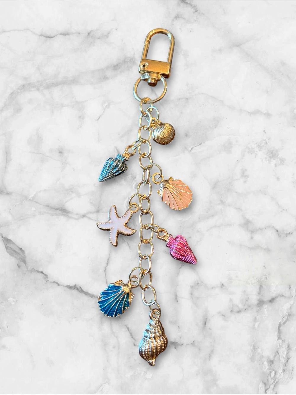Gold Shell Charm Keychain with Multicolor Sea Charms